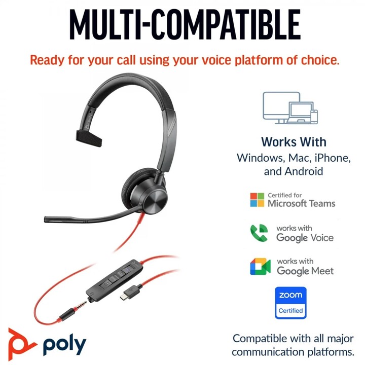 Poly Blackwire 3315 Auriculares monoaurales USB-C certificados por Microsoft Teams +3.5mm Plug +USB-C/A Adaptador