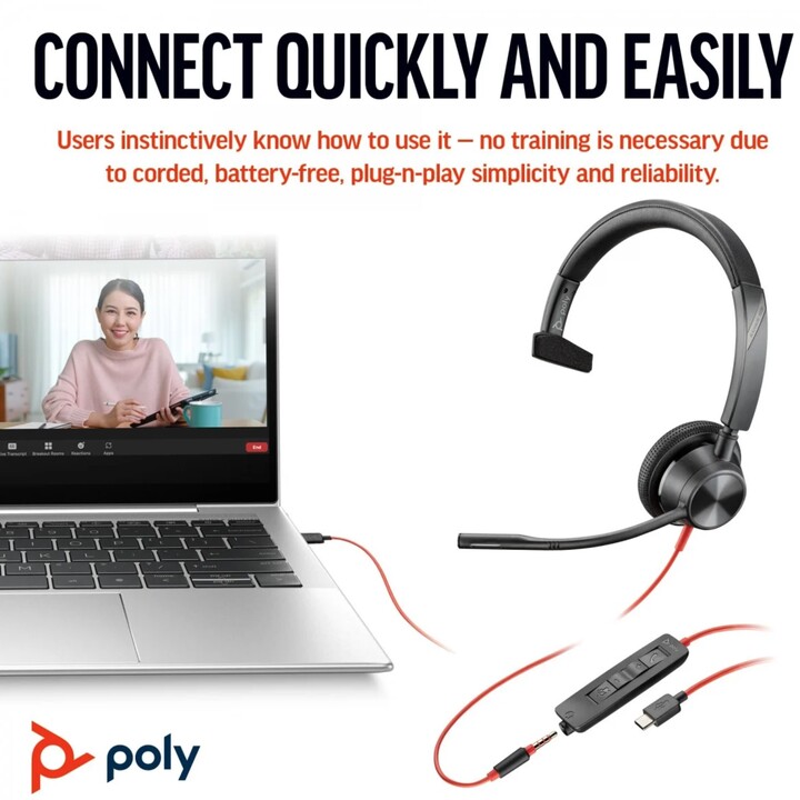 Poly Blackwire 3315 Auriculares monoaurales USB-C certificados por Microsoft Teams +3.5mm Plug +USB-C/A Adaptador