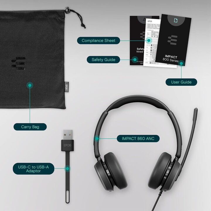 EPOS Impact 860 ANC - Hochleistungsfähiges Doppelohr-Headset mit Geräuschunterdrückung, Super-Breitband-Audio, USB-C-Konnektivit