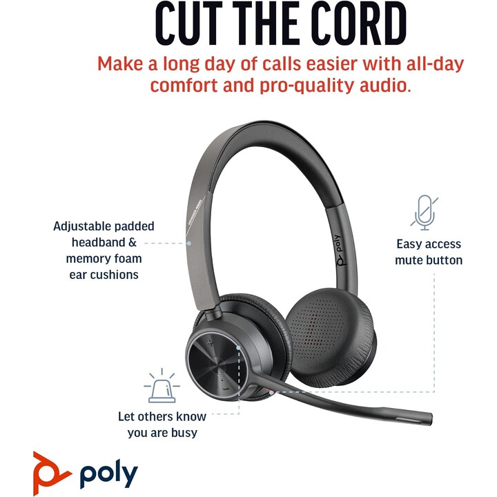 Poly Voyager 4320 UC Auriculares inalámbricos estéreo con micrófono con cancelación de ruido