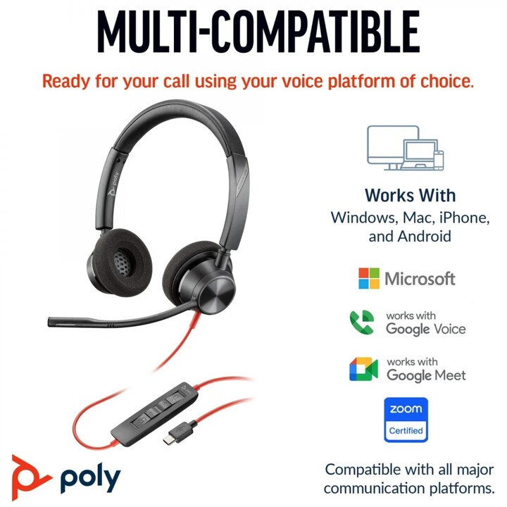 Auriculares POLY Blackwire 3320 Stereo Microsoft Teams Certified USB-C Auriculares +USB-C/A Adapter