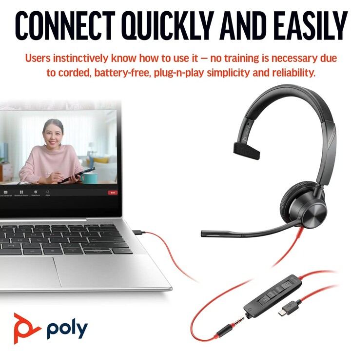 POLY Blackwire 3315 Auriculares monoaurales USB-C +Enchufe de 3,5 mm. +Adaptador USB-C/A