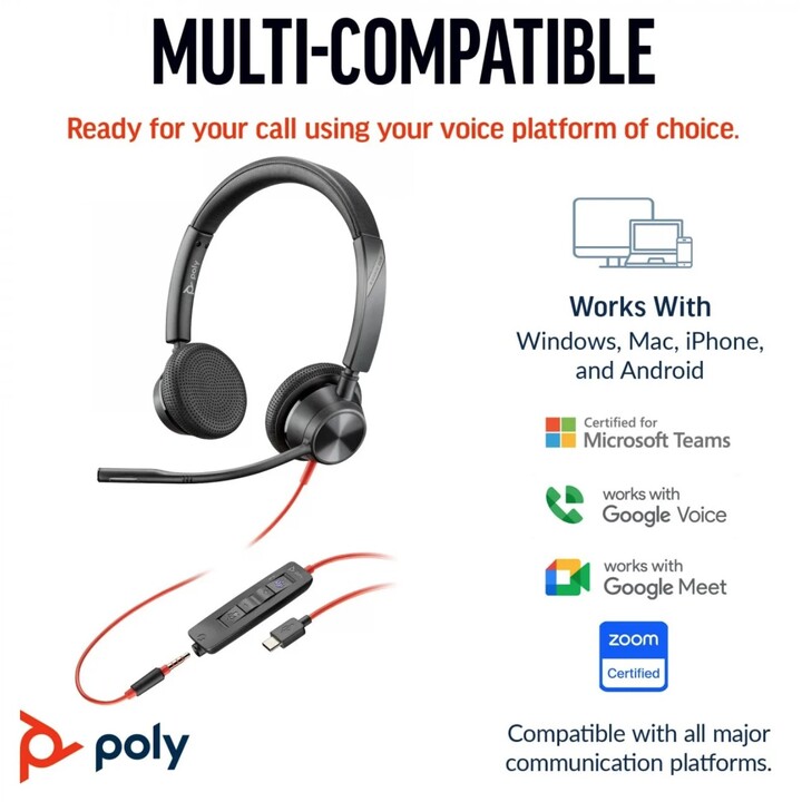 POLY Blackwire 3325 Auriculares estéreo USB-C +Enchufe de 3,5 mm. +Adaptador USB-C/A