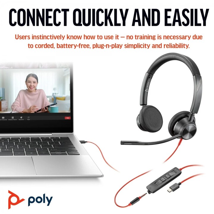 POLY Blackwire 3325 Auriculares estéreo USB-C +Enchufe de 3,5 mm. +Adaptador USB-C/A