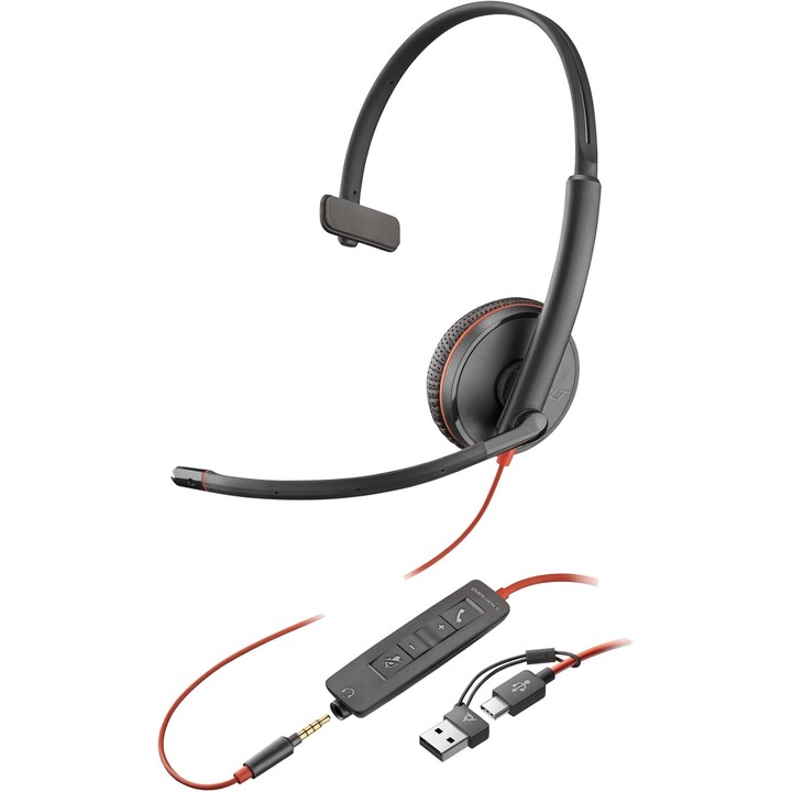 Poly Blackwire 3215 Auriculares monoaurales USB-C +Enchufe de 3,5 mm. +Adaptador USB-C/A (Bulk)