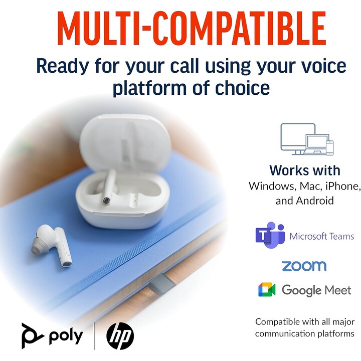 Poly Voyager Free 60+ True Auriculares inalámbricos – Micrófonos con cancelación de ruido para llamadas claras - ANC - Blanco