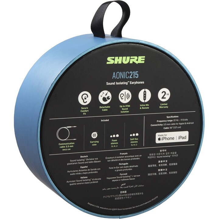 Shure AONIC 215 - auriculares de botón con transductor único y cable de 3,5 mm (azul)
