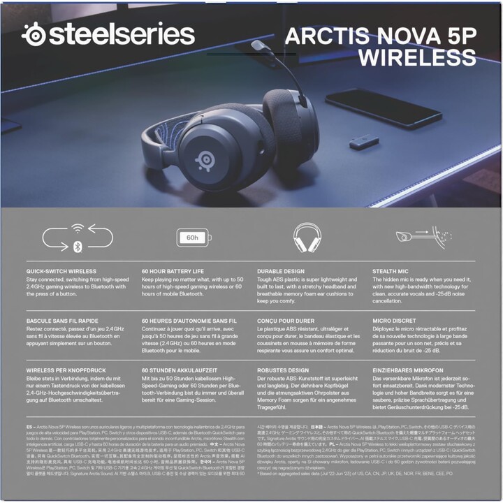 SteelSeries Arctis Nova 5P Auriculares inalámbricos para juegos PS5 - Controladores magnéticos de neodimio - Más de 100 ajustes 