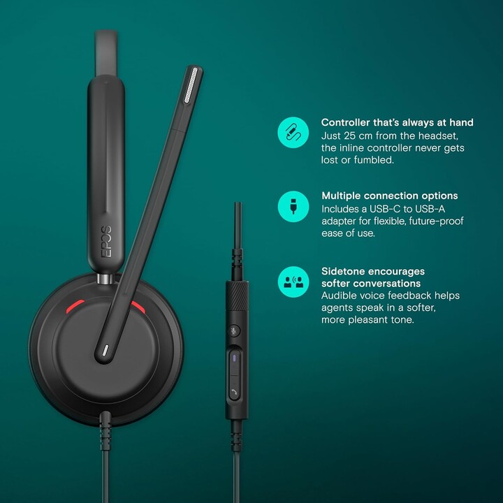Casque de bureau EPOS Impact 760T, certifié pour les équipes Microsoft, suppression du bruit, USB-C, AI, ActiveGard, Busylight