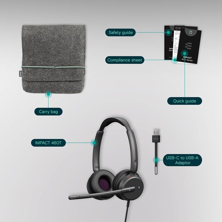 EPOS IMPACT 460T, Auriculares supraaurales binaurales con micrófono dual, Cancelación de ruido, USB-C/USB-A, Microsoft Teams, Zo