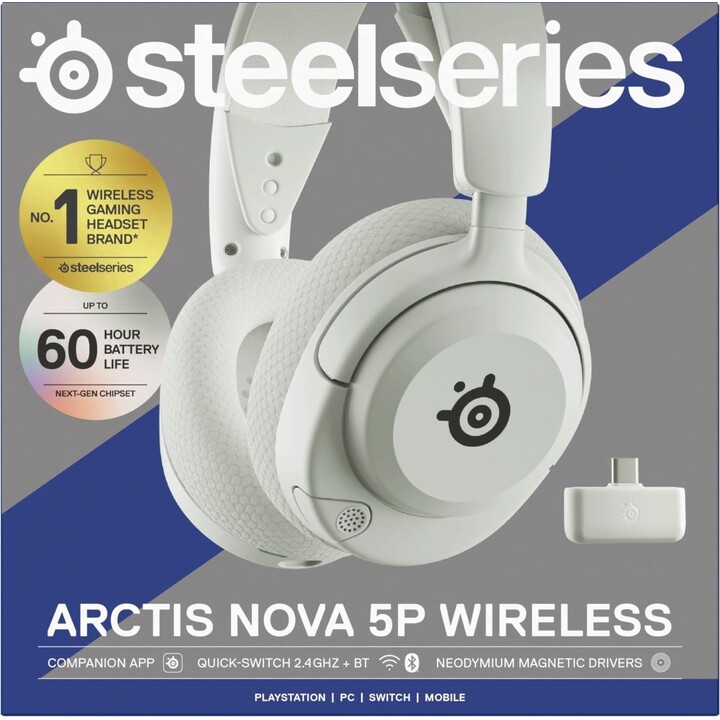 SteelSeries Arctis Nova 5P Wireless - Fone de ouvido para jogos multissistema - Branco - Drivers magnéticos de neodímio