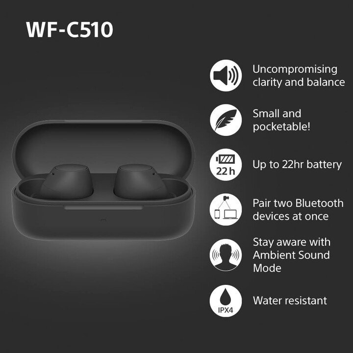Auriculares inalámbricos Sony WF-C510 pequeños, ligeros, resistentes al agua IPX4, negros