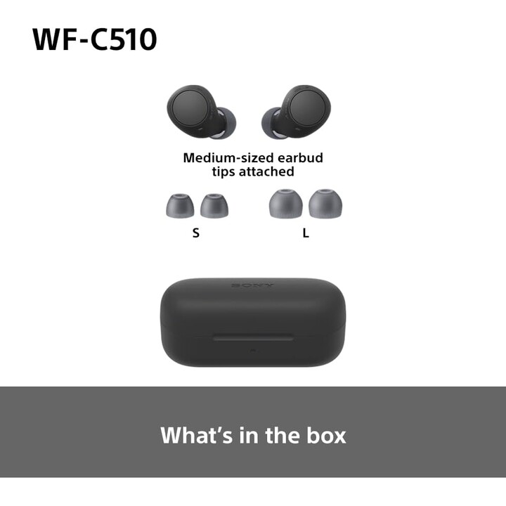 Auriculares inalámbricos Sony WF-C510 pequeños, ligeros, resistentes al agua IPX4, negros
