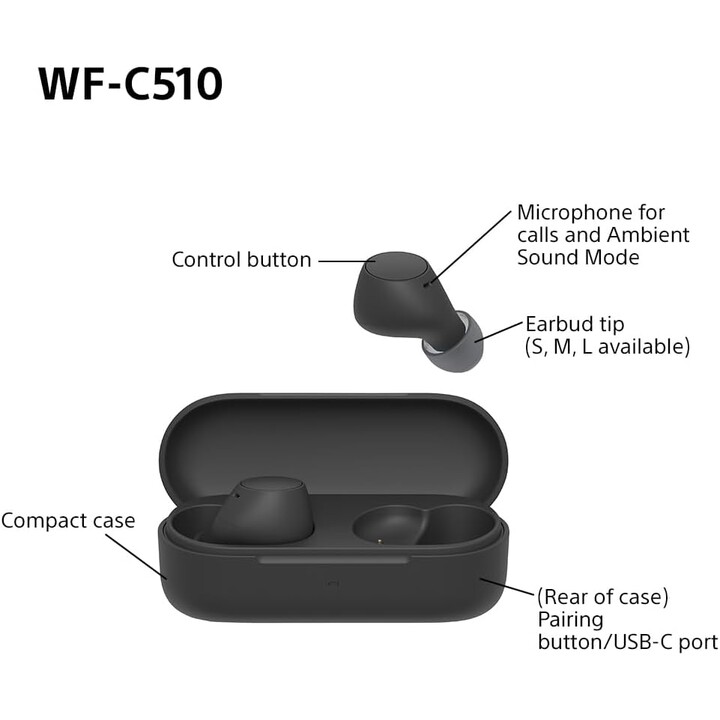 Auriculares inalámbricos Sony WF-C510 pequeños, ligeros, resistentes al agua IPX4, negros