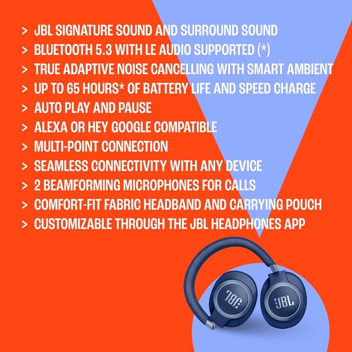 Auriculares supraaurales inalámbricos JBL Live 770NC con Smart Ambient, 65 horas de reproducción, color negro