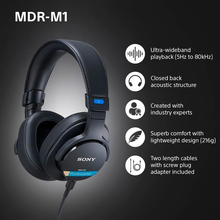 Sony MDR-M1 Studio - Auriculares cerrados con cable, reproducción de banda ultraancha (5 Hz-80 kHz), color negro