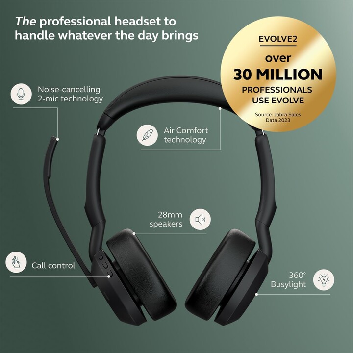Jabra Evolve2 55 UC, Auriculares estéreo inalámbricos, Tecnología AirComfort, ANC, para plataformas UC