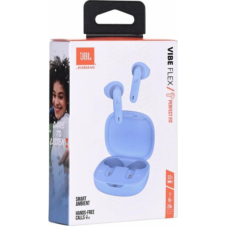 Auriculares Bluetooth JBL Vibe Flex con estuche de carga/8 horas de duración de batería/Azul
