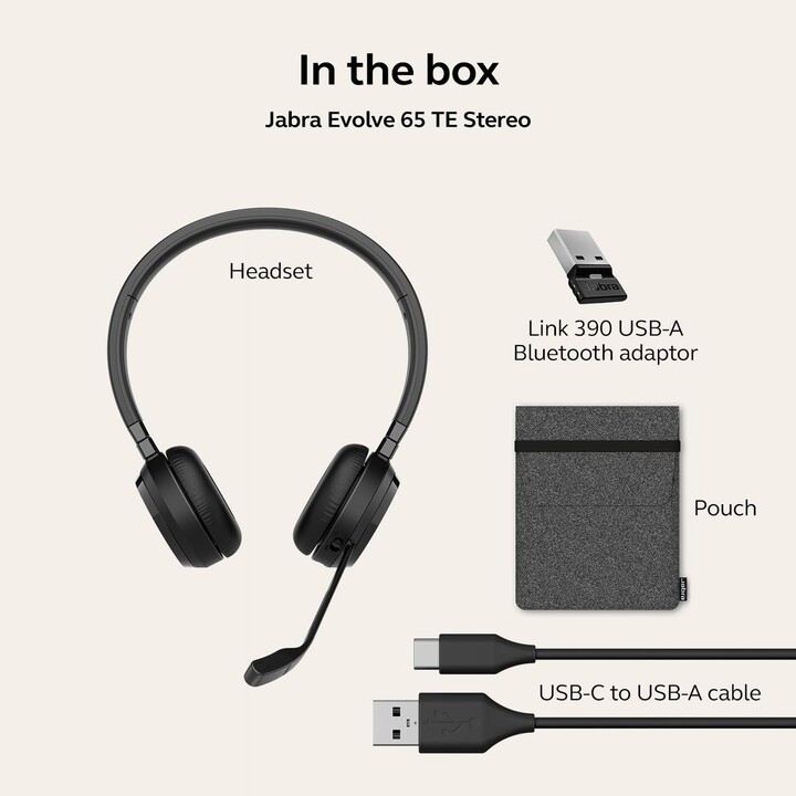 Jabra Evolve 65 TE Auriculares Estéreo Inalámbricos, Certificado MS, Alcance 30 m, 12 Horas, USB-A, Negro