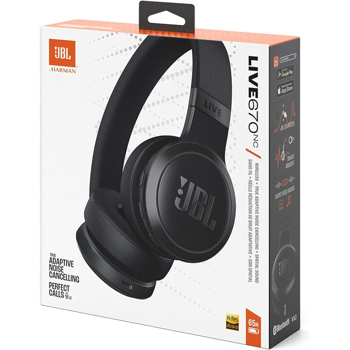 JBL Live 670 NC Auriculares On-Ear Sem Fios com Tecnologia de Cancelamento de Ruído, 65 Horas de Reprodução, Preto