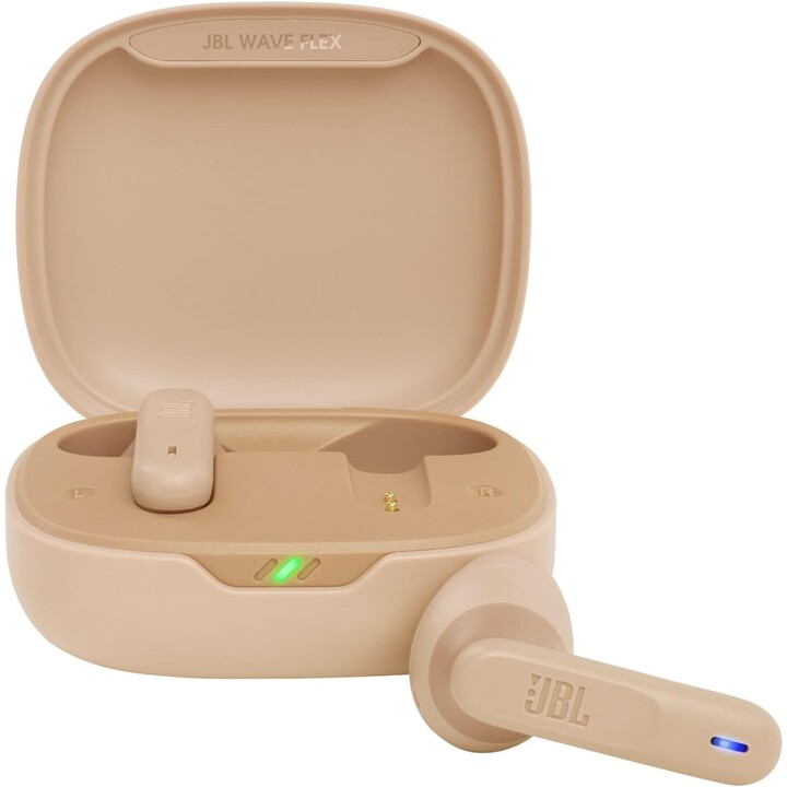 JBL Vibe Flex, auriculares Bluetooth con estuche de carga, 8 horas de duración de batería, color beige