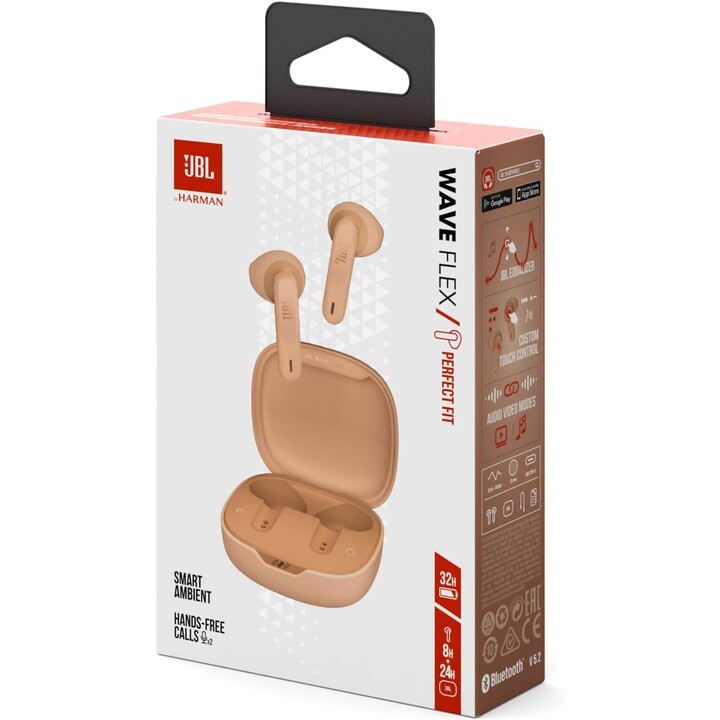 JBL Vibe Flex, auriculares Bluetooth con estuche de carga, 8 horas de duración de batería, color beige