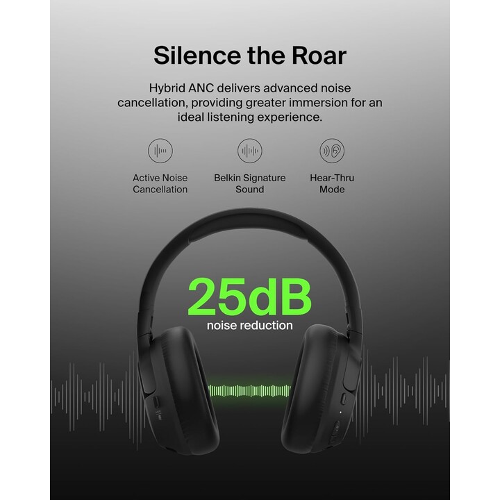 Belkin SoundForm, auriculares inalámbricos aislar Bluetooth, cancelación híbrida de ruido activo, micrófono, 60 horas, Negro