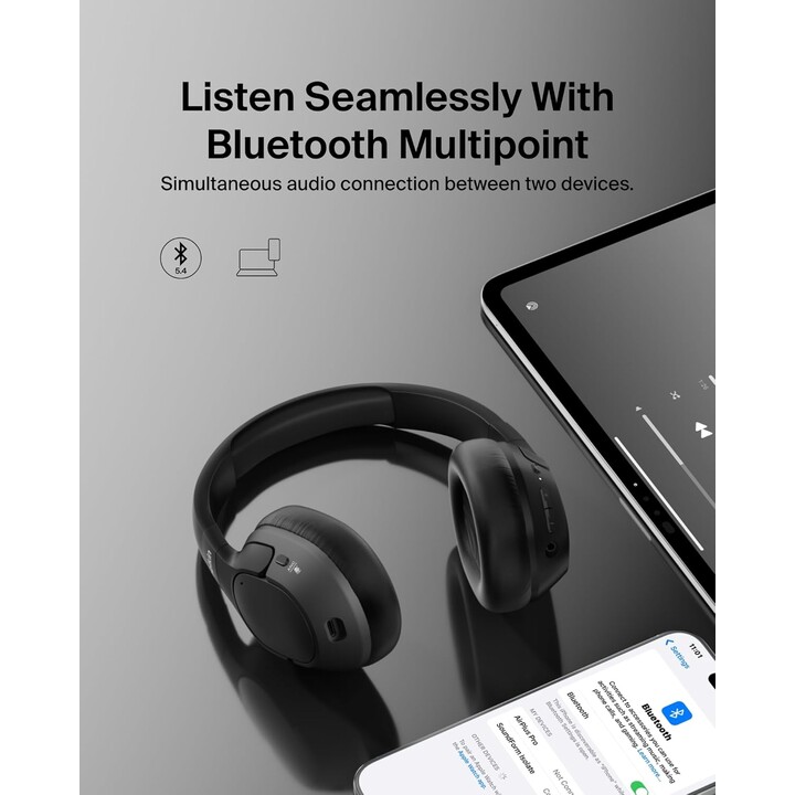 Belkin SoundForm, auriculares inalámbricos aislar Bluetooth, cancelación híbrida de ruido activo, micrófono, 60 horas, Negro