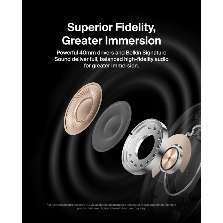Belkin SoundForm, auriculares inalámbricos aislar Bluetooth, cancelación híbrida de ruido activo, micrófono, 60 horas, Negro