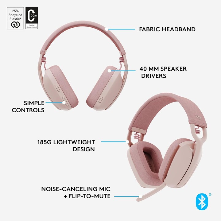 Atmosfera della zona logitech 100, cuffie over-ear wireless leggera con microfono che cancella il rumore, rosa