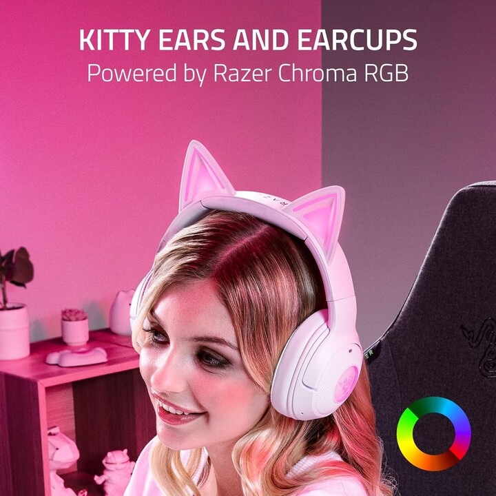 Razer Kraken Kitty V2 BT, fone de ouvido sem fio Bluetooth RGB com orelhas de gatinho, branco
