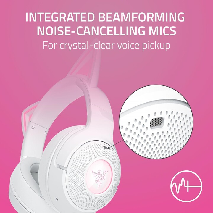 Razer Kraken Kitty V2 BT, fone de ouvido sem fio Bluetooth RGB com orelhas de gatinho, branco