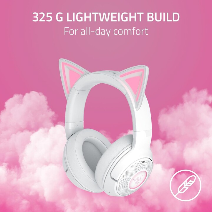 Razer Kraken Kitty V2 BT, fone de ouvido sem fio Bluetooth RGB com orelhas de gatinho, branco