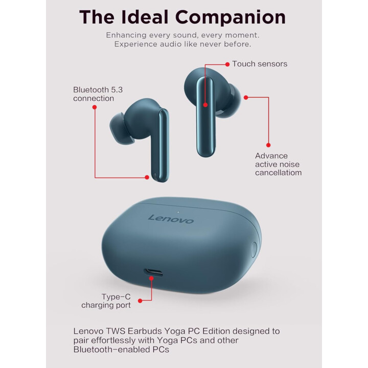Lenovo TWS Yoga Earbuds, PC Edition, Tidal Teal with Active Noise Cancellation, Bluetooth 5.3