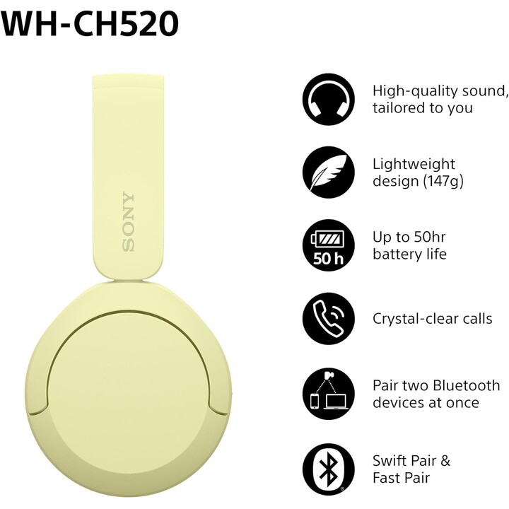 Sony WH-CH520 auriculares inalámbricos inalámbricos en la oreja, diseño liviano, amarillo