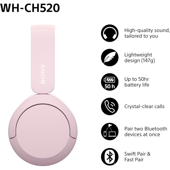 Sony WH-CH520 auriculares inalámbricos inalámbricos Bluetooth, diseño liviano, rosa