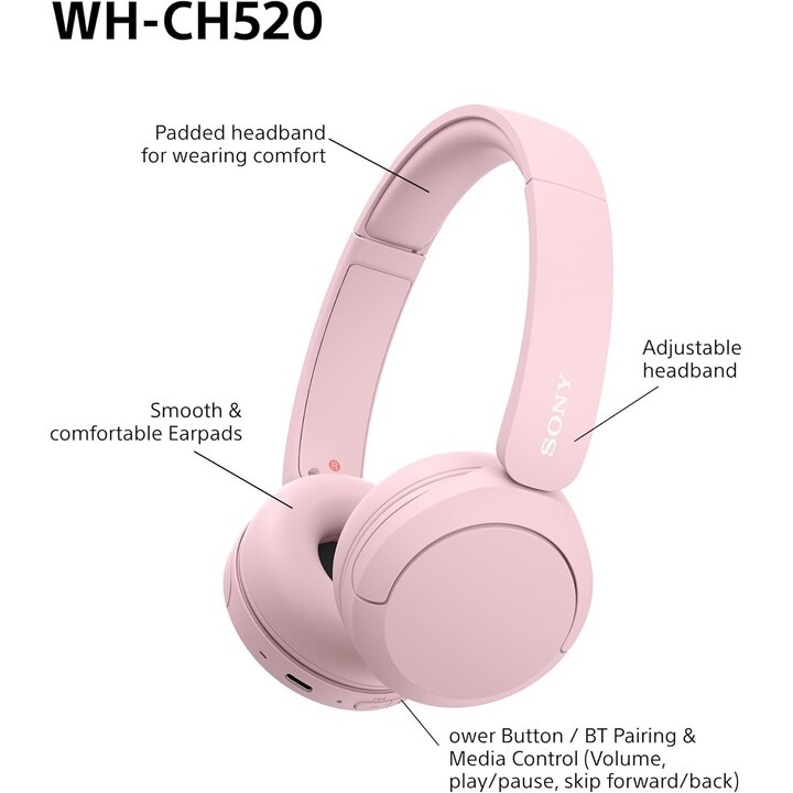 Sony WH-CH520 auriculares inalámbricos inalámbricos Bluetooth, diseño liviano, rosa