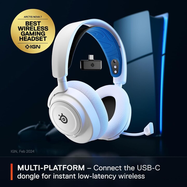 Cuffie wireless Steelseries Arctis Nova 7p White con archetto da gaming Bluetooth blu, bianco