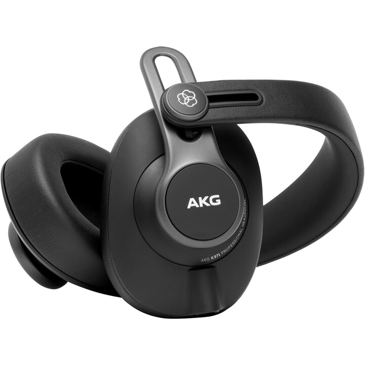 Fones de ouvido AKG K371 com fio, arco de cabeça, para palco/estúdio, preto metálico.