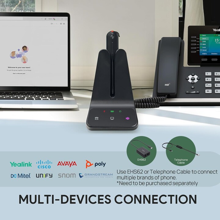 Yealink WH63 E2 DECT Auriculares inalámbricos con micrófono, 2 auriculares con cancelación de ruido
