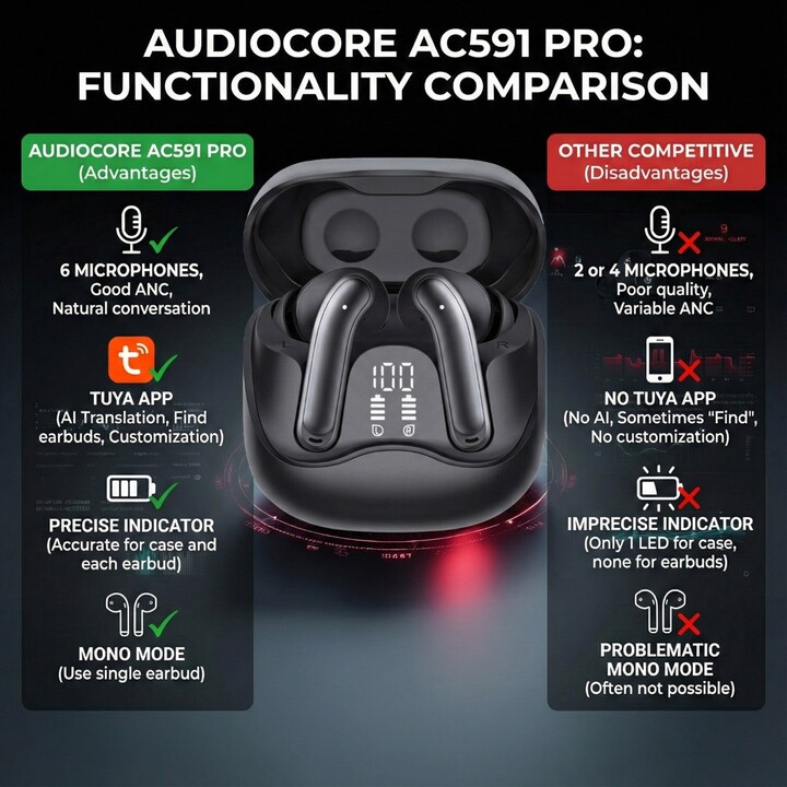 Audiocore Wireless Earbuds, Hybrid ANC, ENC, 6 Microphones, Charging Case, Tuya, AC591 PRO