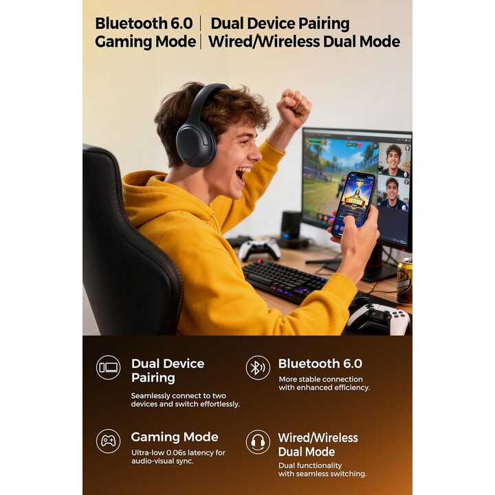 SoundPEATS Cove Pro Cancelación Activa Híbrida con Hi-Res Dual Gold con LDAC - Auriculares de Diadema Plegables Inalámbricos