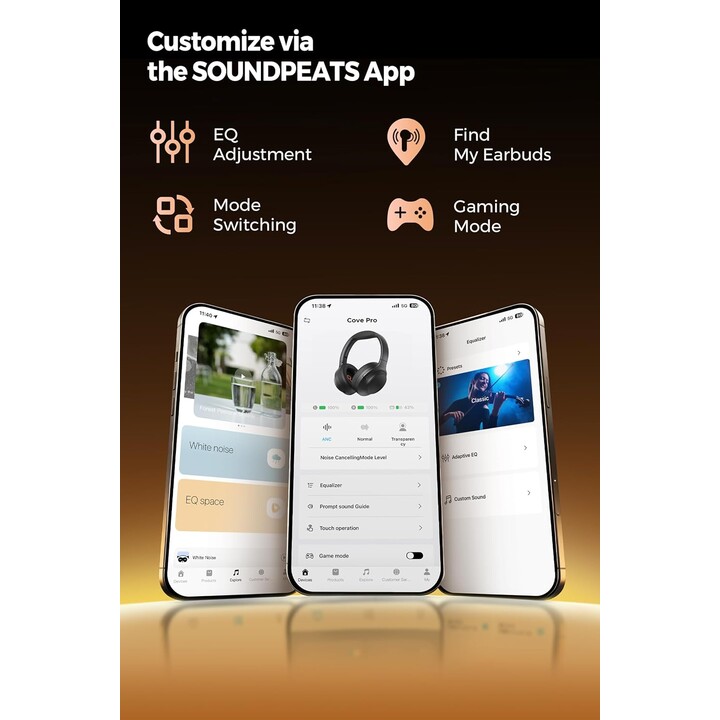 SoundPEATS Cove Pro Cancelación Activa Híbrida con Hi-Res Dual Gold con LDAC - Auriculares de Diadema Plegables Inalámbricos