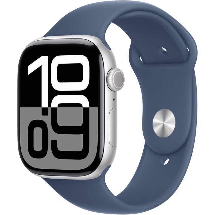 Apple Watch Series 10 GPS Cellular 46mm Silver aluminum case with denim sports strap Size M/L