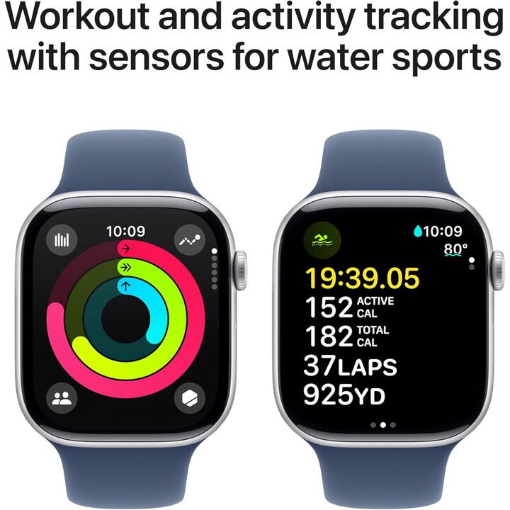 Apple Watch Series 10 GPS Cellular 46mm Silver aluminum case with denim sports strap Size M/L