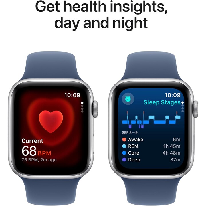 Apple Watch SE 2024 GPS Cellular 44mm Caja de aluminio plateada con correa deportiva vaquera - Talla S/M