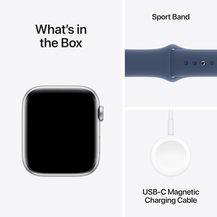 Apple Watch SE 2024 GPS Cellular 44mm Silbernes Aluminiumgehäuse mit Denim-Sportarmband – Größe S/M