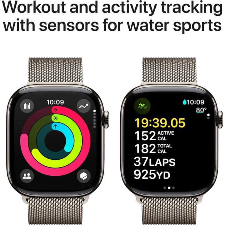 Apple Watch Series 10 GPS Cellular 46 mm, caixa de titânio natural com alça milanesa natural - tamanho S/M