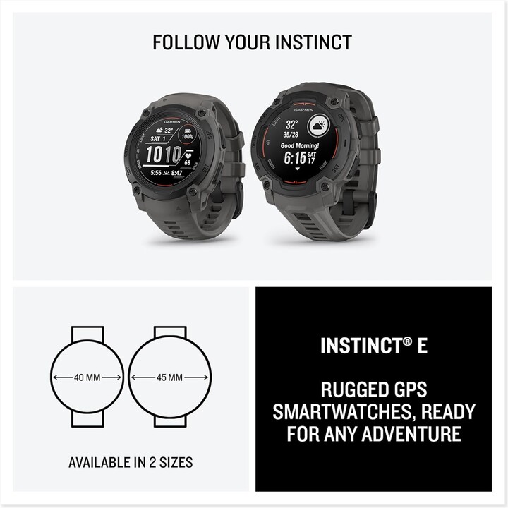 Garmin Instinct E, GPS Smartwatch, 45 mm, resistente al agua, aplicaciones deportivas incorporadas, negro