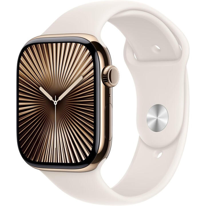 Apple Watch Series 10 GPS Cellular 46 mm, Titangehäuse in Gold und Sportriemen im Polarstern - Größe m/l